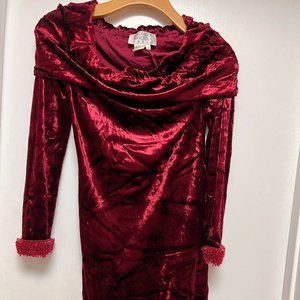 Badgley Mischka Burgundy Velour Dress, 1990s French Vintage Elegant Maroon